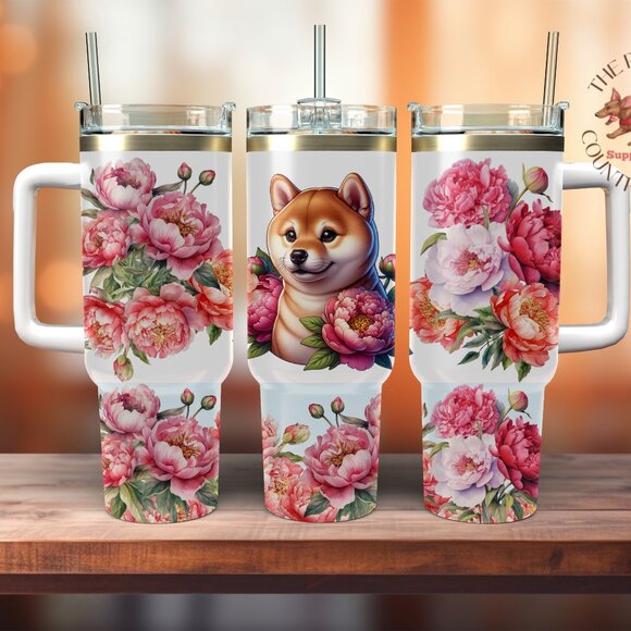 Hand Crafted Other - Akita & Peony Flowers 40 oz. Thirst Quencher Insulated Tumbler
